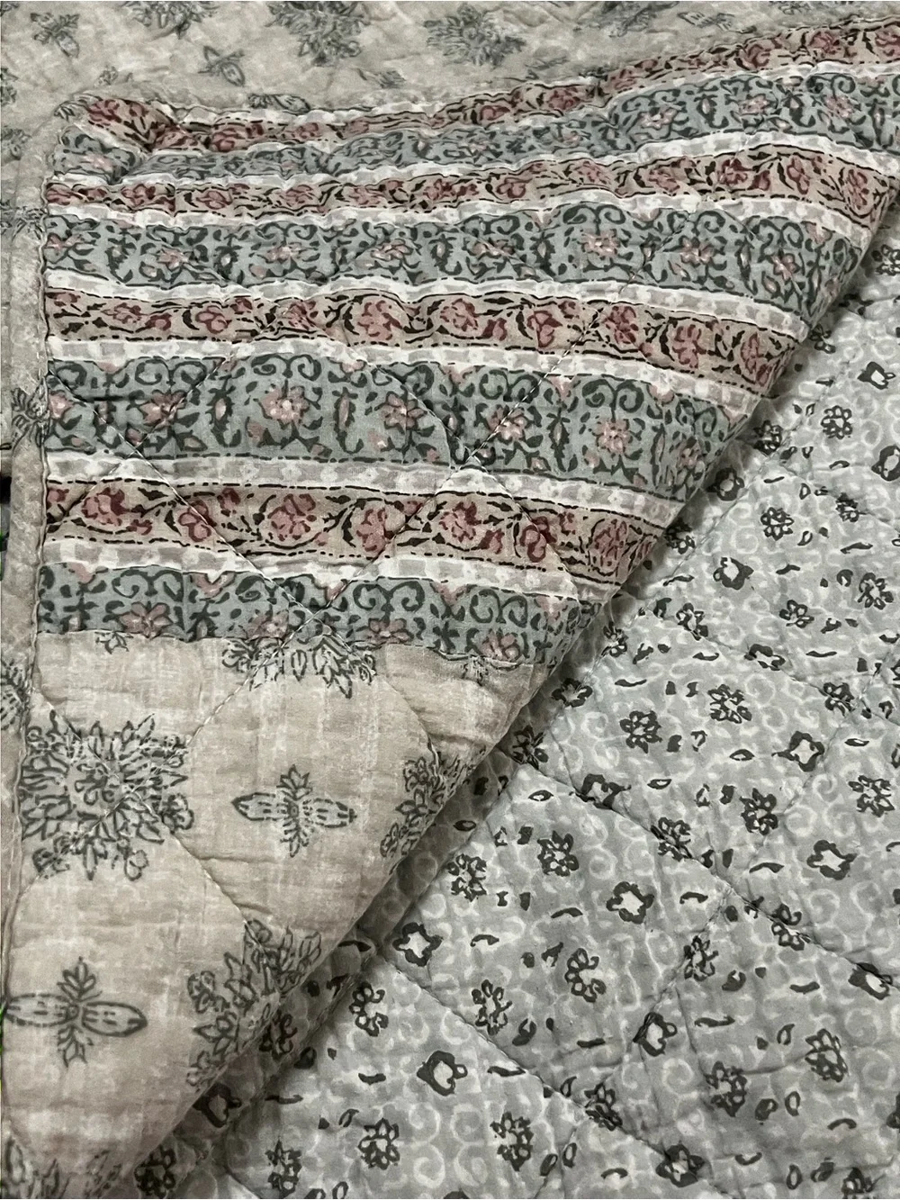 Shabby Chic Quilted Floral Bedspread in Sage and Blush